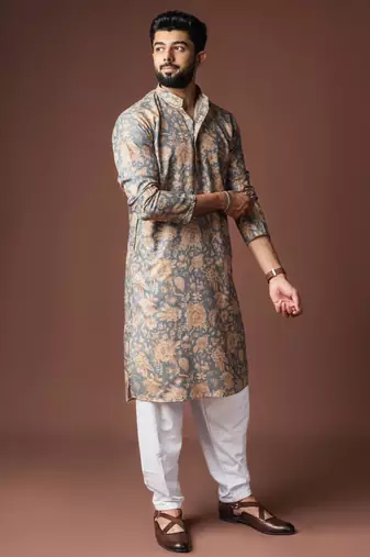 Grey color blended linen weaved kurta for festive