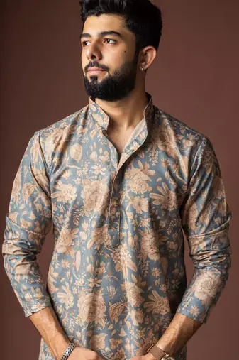 Grey color blended linen weaved kurta for festive