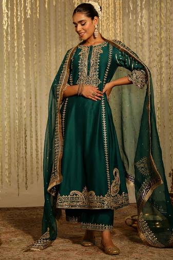 Green embroidered chanderi silk kurta set