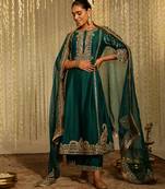 Green embroidered chanderi silk kurta set