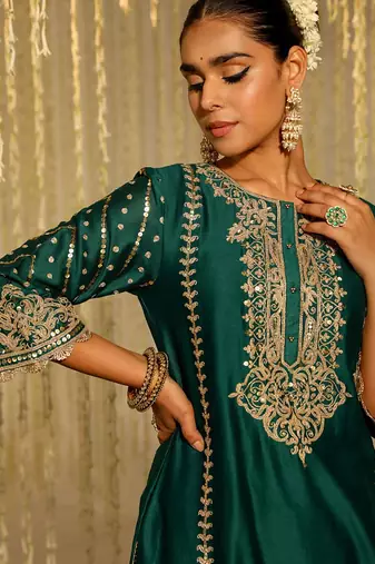 Green embroidered chanderi silk kurta set
