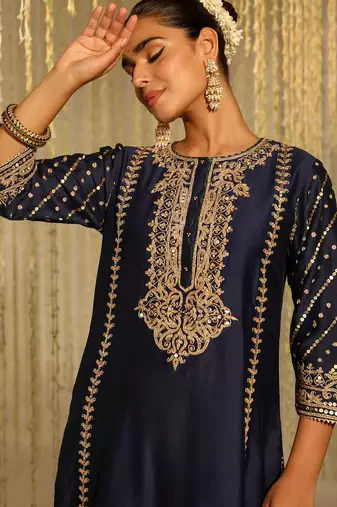 Blue embroidered chanderi silk kurta set