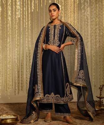 Blue embroidered chanderi silk kurta set 1