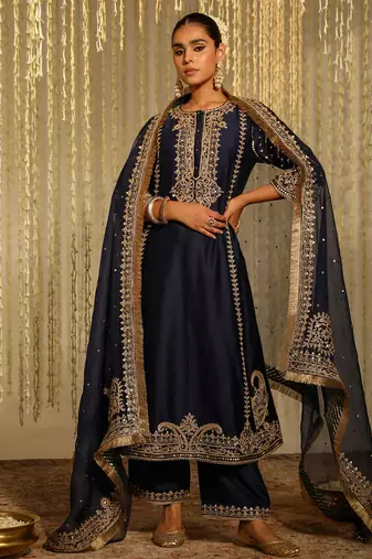 Blue embroidered chanderi silk kurta set