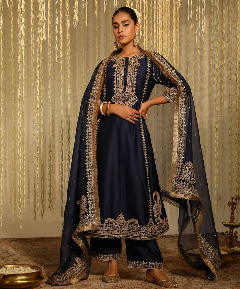 Blue embroidered chanderi silk kurta set