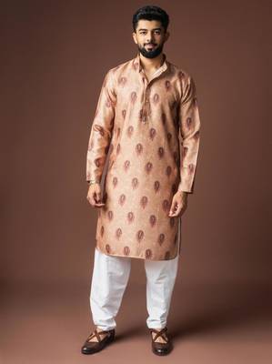 Orangish brown color blended linen weaved kurta for festive 1