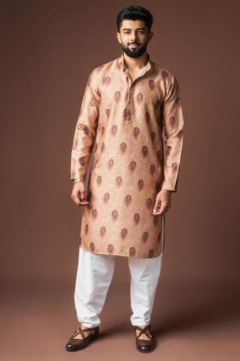 Orangish brown color blended linen weaved kurta for festive