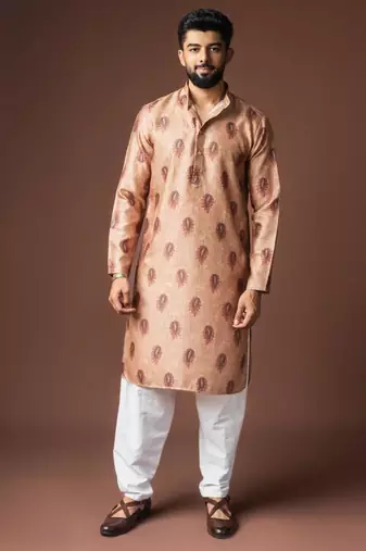 Orangish brown color blended linen weaved kurta for festive
