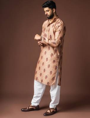 Orangish brown color blended linen weaved kurta for festive 2