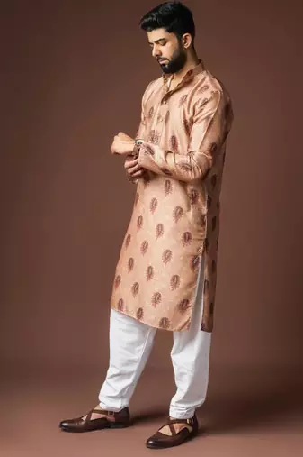 Orangish brown color blended linen weaved kurta for festive