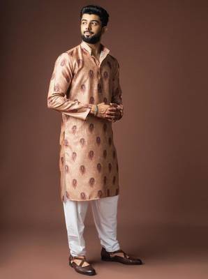 Orangish brown color blended linen weaved kurta for festive 3