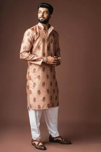 Orangish brown color blended linen weaved kurta for festive