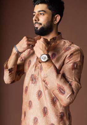 Orangish brown color blended linen weaved kurta for festive 5