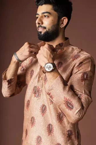 Orangish brown color blended linen weaved kurta for festive