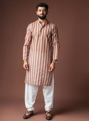 Cream color blended linen weaved kurta for festive 1