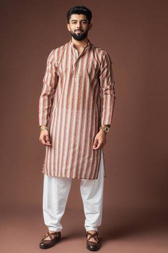 Cream color blended linen weaved kurta for festive