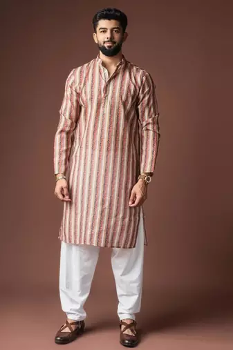 Cream color blended linen weaved kurta for festive