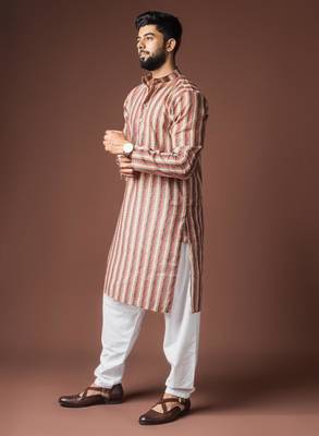 Cream color blended linen weaved kurta for festive 2