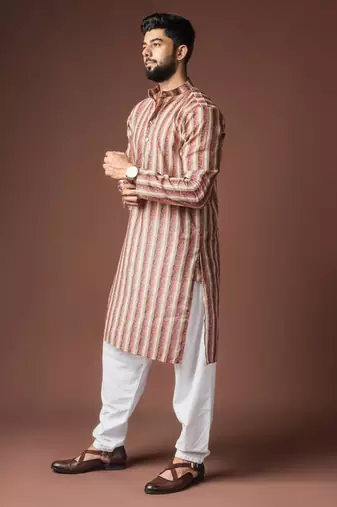 Cream color blended linen weaved kurta for festive