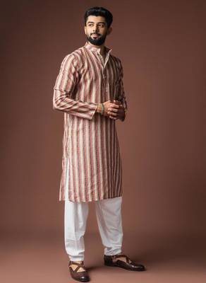 Cream color blended linen weaved kurta for festive 3