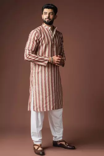Cream color blended linen weaved kurta for festive