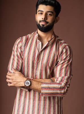 Cream color blended linen weaved kurta for festive 5