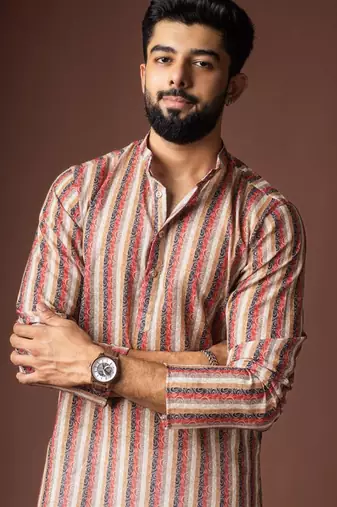 Cream color blended linen weaved kurta for festive