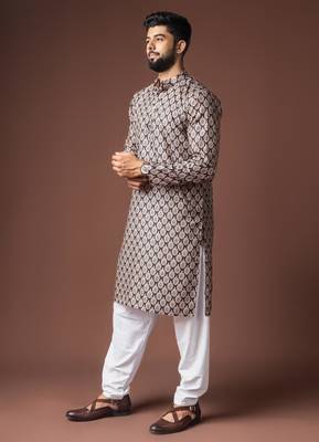 Black color blended linen weaved kurta for festive 2