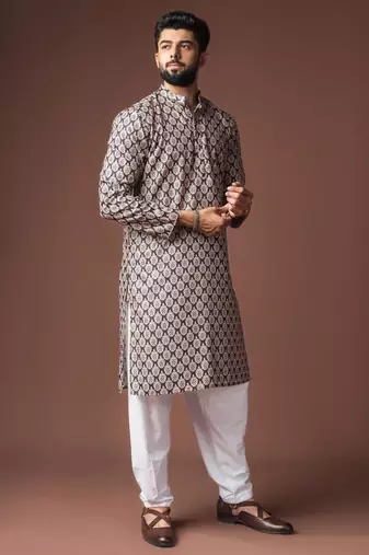 Black color blended linen weaved kurta for festive