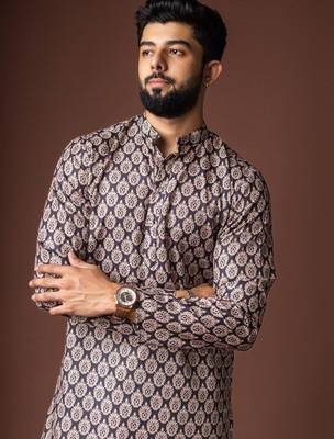 Black color blended linen weaved kurta for festive 5