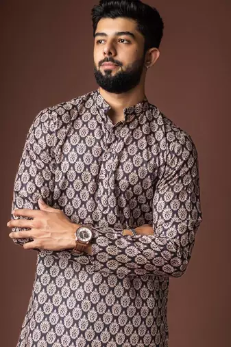 Black color blended linen weaved kurta for festive