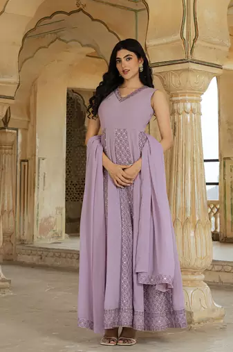 avender georgette embroidered gown with flowing dupatta for festive glamour