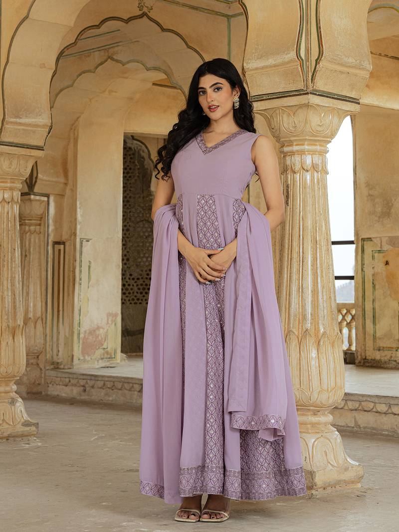 avender georgette embroidered gown with flowing dupatta for festive glamour
