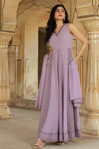 avender georgette embroidered gown with flowing dupatta for festive glamour