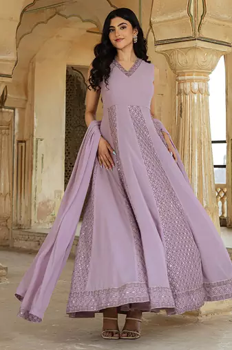 avender georgette embroidered gown with flowing dupatta for festive glamour