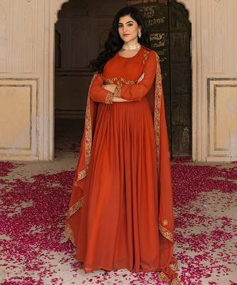 Elegant rust georgette gown with embroidered dupatta for festive occasions 1