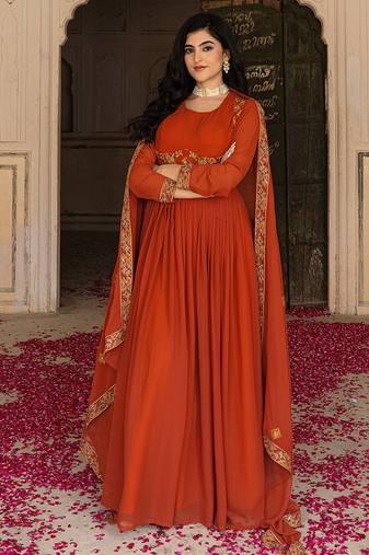 Elegant rust georgette gown with embroidered dupatta for festive occasions