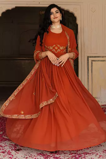 Elegant rust georgette gown with embroidered dupatta for festive occasions