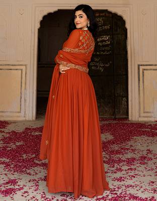 Elegant rust georgette gown with embroidered dupatta for festive occasions 3