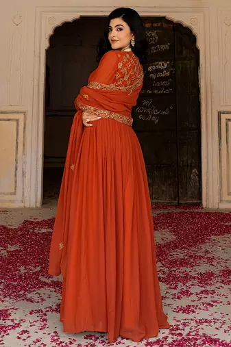 Elegant rust georgette gown with embroidered dupatta for festive occasions