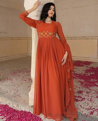 Elegant rust georgette gown with embroidered dupatta for festive occasions 4