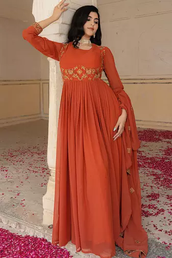 Elegant rust georgette gown with embroidered dupatta for festive occasions