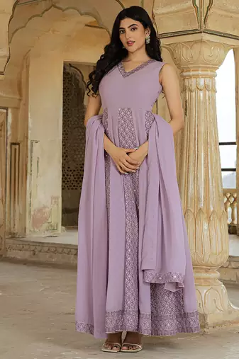avender georgette embroidered gown with flowing dupatta for festive glamour