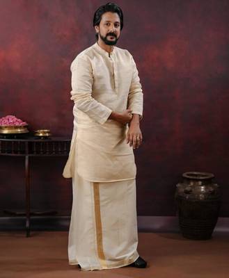 Tissue line gold kurta and mundu set 1