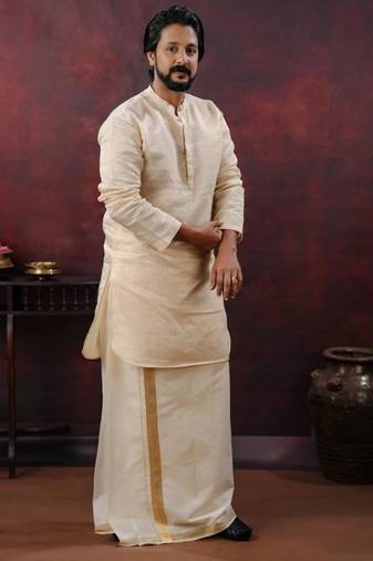 Tissue line gold kurta and mundu set