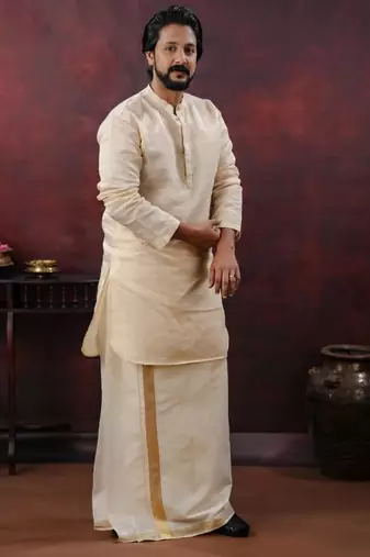 Tissue line gold kurta and mundu set