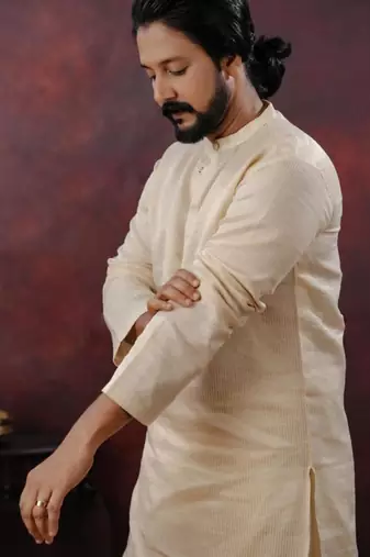 Tissue line gold kurta and mundu set