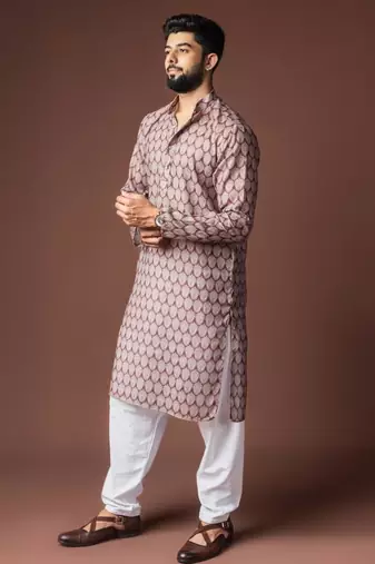 brown linen blend printed kurta