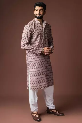 brown linen blend printed kurta
