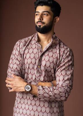brown linen blend printed kurta 5